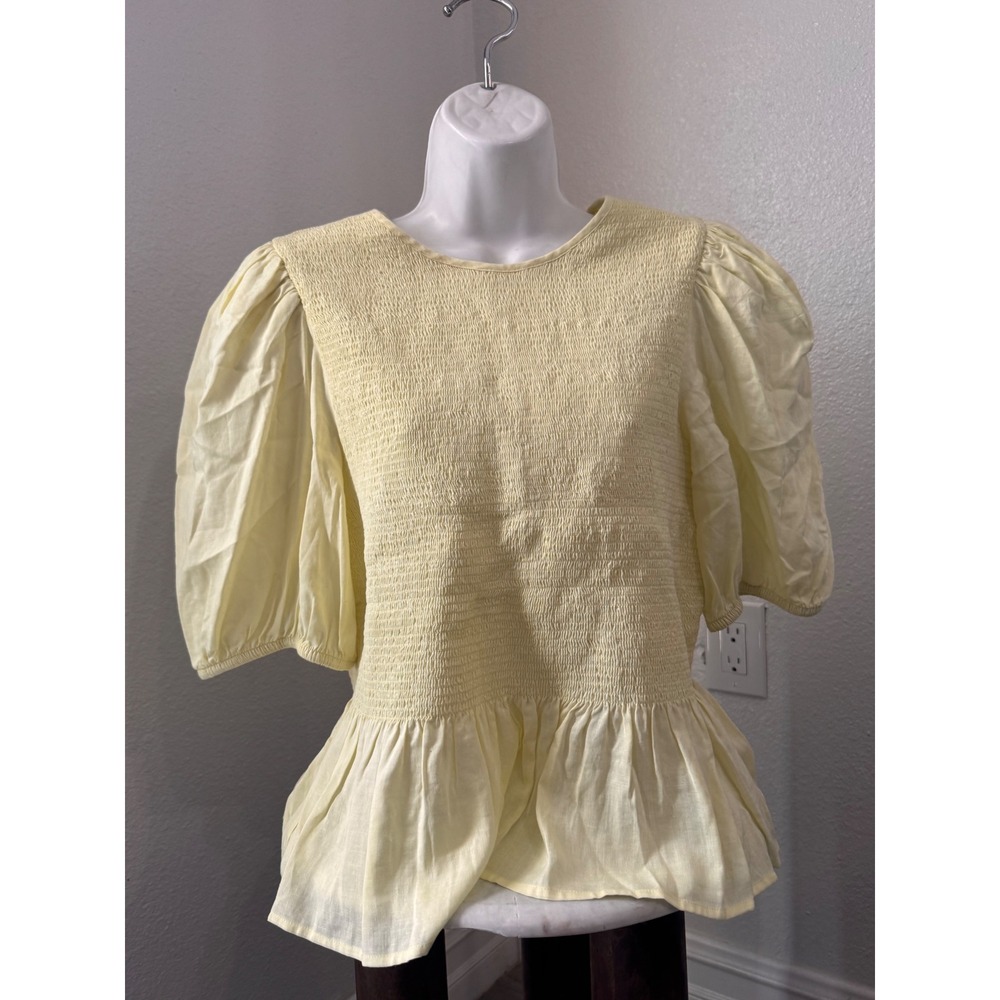 Express Cottagecore Pastel Yellow Smocked Top Puff Sleeve Peplum Blouse NWT L